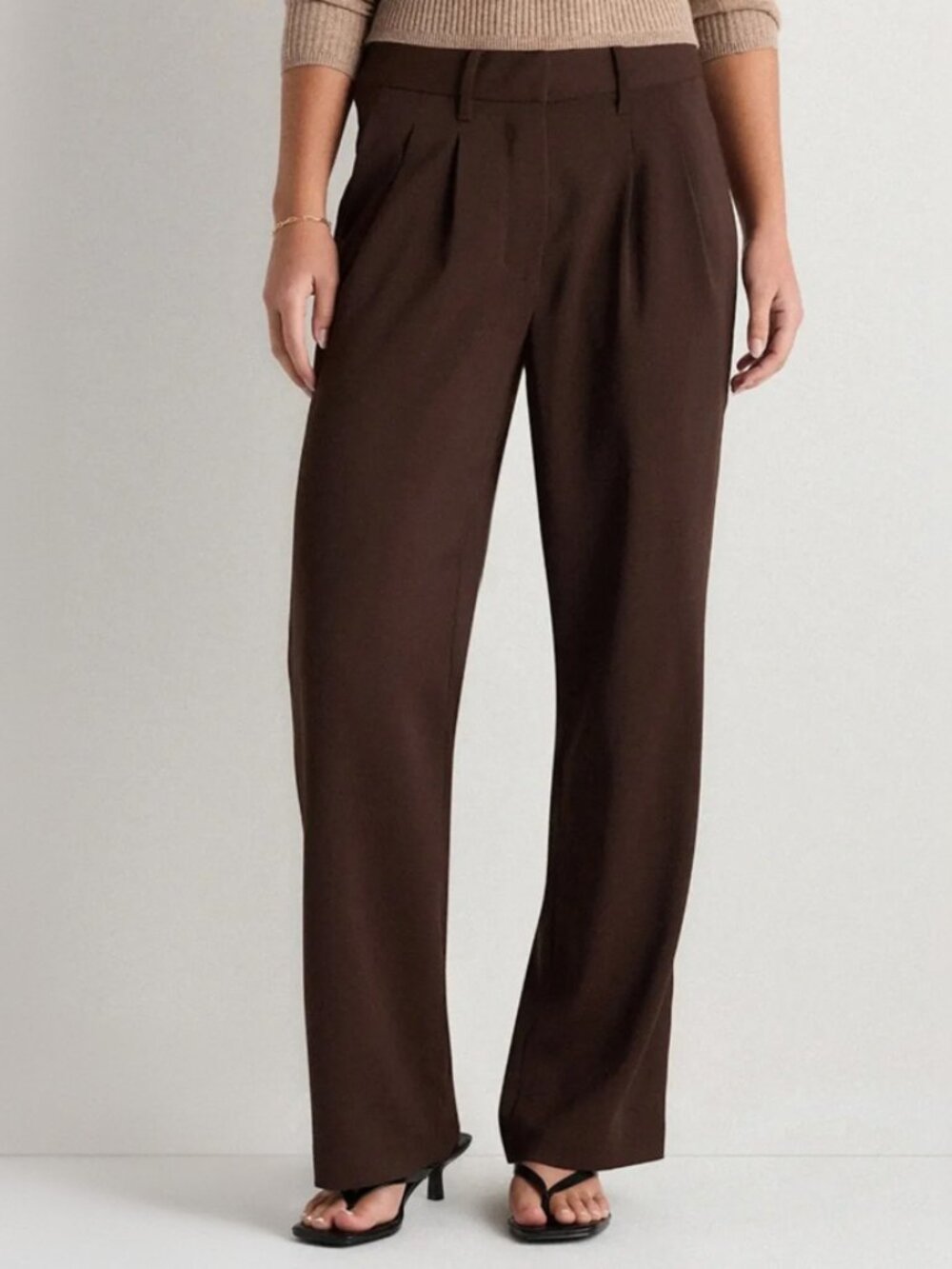 Quince Brown Stretch Crepe Pleated Wide Leg Pants Size 8